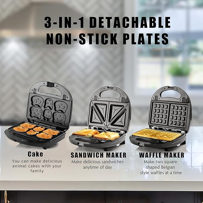 3-in-1 Sandwich,Waffle & Cute Animal Pancake Maker,Multifunctional Breakfast Machine Set with Removable Panel Non-Stick Plates for Grilled Cheese,Tuna Melts,Burgers,Steaks and Snacks,Home,Commercial