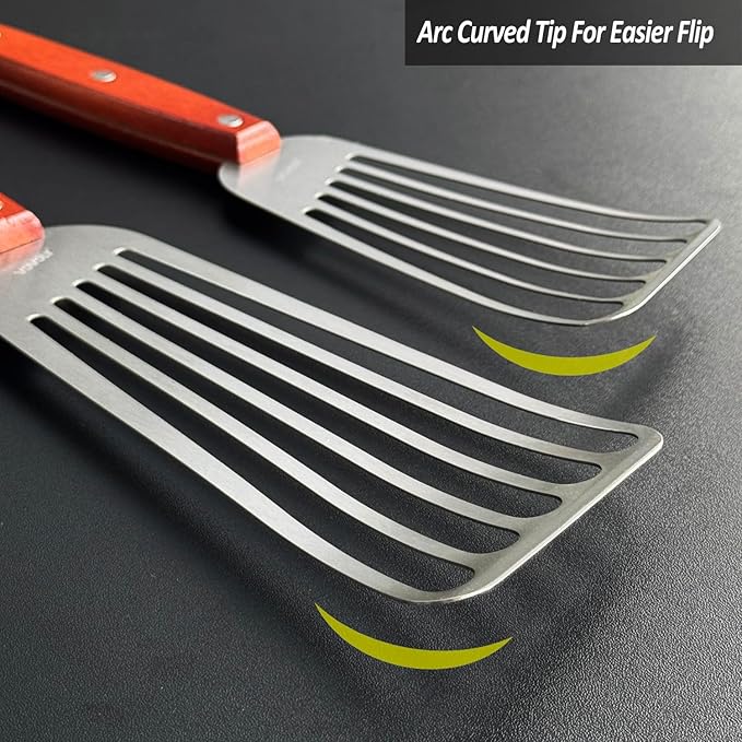 2 Pack Fish Spatula Turner, Stainless Steel Slotted Spatulas for Flipping, Turning, Frying & Grilling, 3"x6"+4"x8" Metal Slotted Spatulas, Wooden Full Tang Handle & Curved Blade