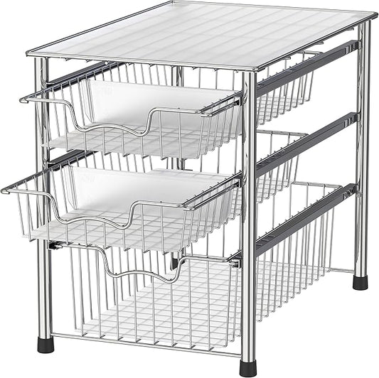 Simple Houseware Stackable 3 Tier Sliding Basket Organizer Drawer, Chrome
