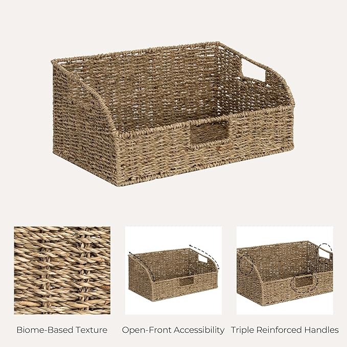 StorageWorks Pantry Baskets for Organizing, Seagrass Storage Baskets for Shelves with Built-in Handles, Pantry Organizers and Storage, Set of 2 (Large and Medium)