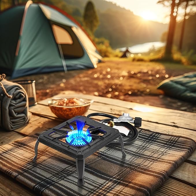 Vivicreate Single burner cast iron flame camping stove, include CSA listed regulator and gas hose (HT-C-0011)