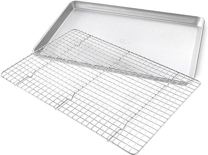 USA Pan Bakeware Half Sheet Baking Pan and Bakeable Nonstick and Cooling Rack Set, Metal