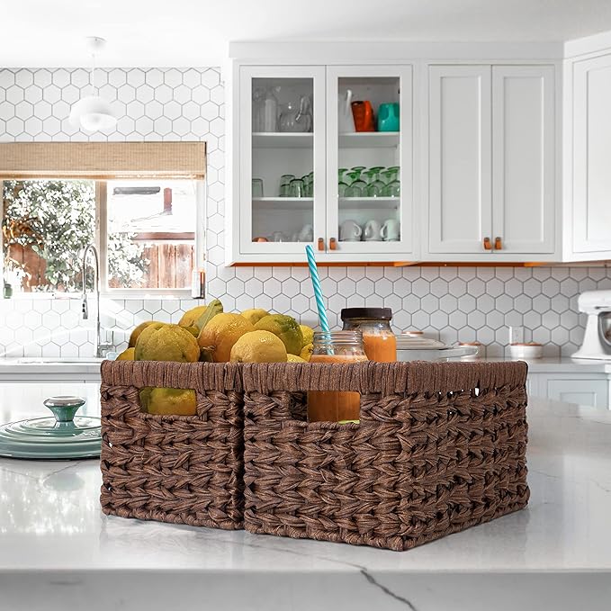 GRANNY SAYS Wicker Storage Baskets for Shelves, Wicker Baskets for Organizing, Waterproof Woven Basket for Pantry, Rectangle Basket for Shlef, Brown, 2-Pack