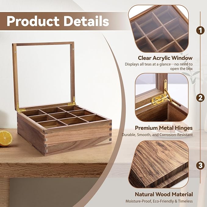 ANMINY Acacia Wood Tea Bag Organizer with Acrylic Clear Top, 10MM Thick Wooden Tea Storage Box with 9 Compartments, Teabag Holder Tea Caddy Chest for Countertop Kitchen Home Office
