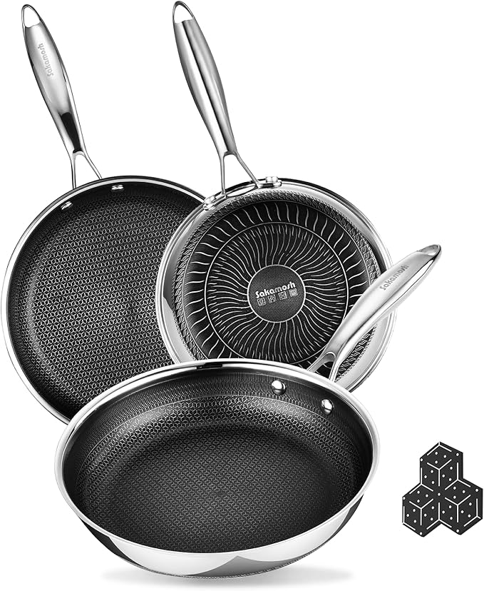 Non Stick Frying Pans Set, Hybrid 8" 9.5" 11" Frying Pan Set, Skillet with Stay-Cool Handle, Non Toxic, PFAS PFOA PTFE Free, Dishwasher & Oven Safe, Induction, Compatible with All Cooktops