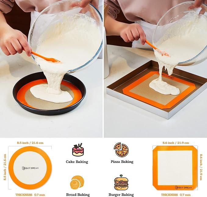 GUY DREAM All-in-One Silicone Baking Mat Set - Kneading Mat, Cookie & Macaron Half Sheet Mat, 1/4 Sheet Mat, Square & Round Cake Mats, Artisan Bread Mat - Ideal Gift for Baking