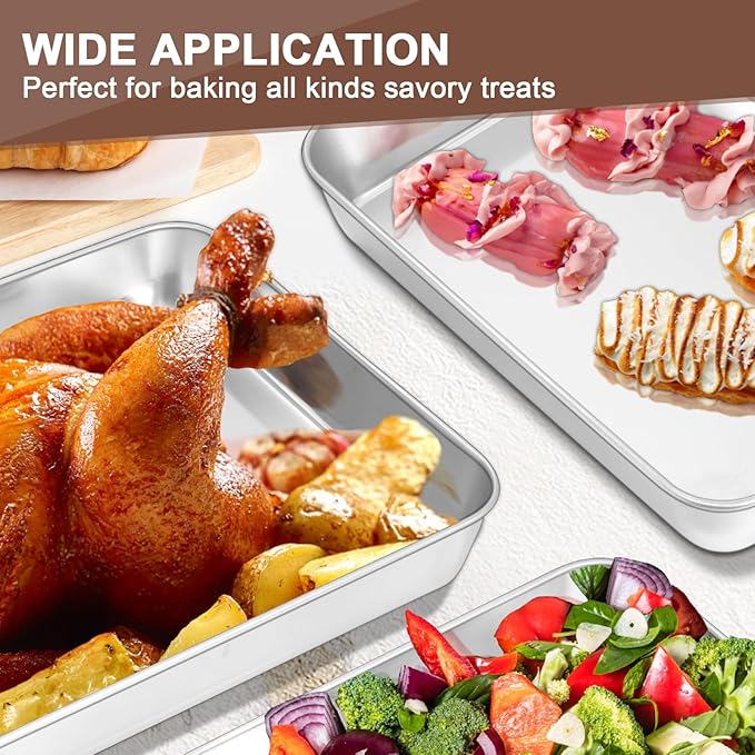 Baking Pans Set of 3, Commercial Grade Stainless Steel Cookie Pan for Baking, 12/10/9 Inch, Rectangle Bakeware Set for Cakes Breads Lasagna Casseroles, Rust & Warp Resistant & Nonstick, Heavy Duty