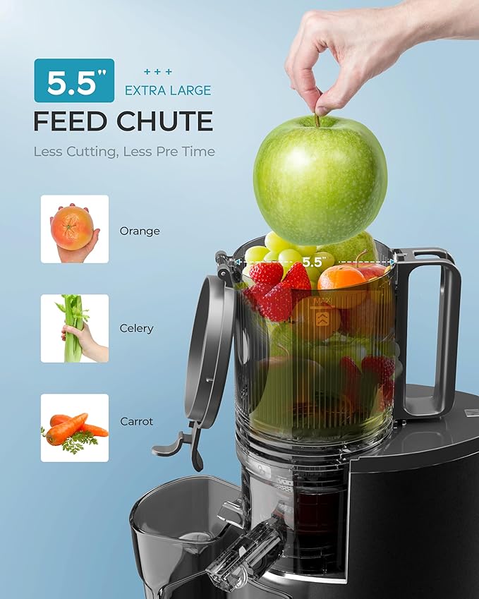 Cold Press Juicer, EUHOMY 5.5" Extra Large Feed Chute Slow Masticating Juicer, 250W Juicer Machines, 99.6% High Juice Yield, Easy to clean, Reverse Function, for Whole Vegetables & Fruits. Black