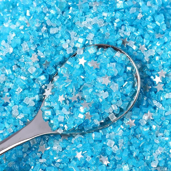 Sanding Sugar Edible Silver Glitter Stars Mix, Edible Blue Sugar Sprinkles for Cake Decorating, Sparkling Edible Sanding Sugar for Cupcake Toppers Cookie Decorations For Wedding Party Celebrations 3.5oz (Sky BLue)