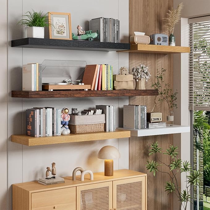 Heimlove 55 x 12 inch Extra Long Floating Shelves for Wall, 12 Inch Deep Floating Shelves, Large Display Shelf & Storage Shelf for Living Room Bedroom Kitchen Home Office, Set of 2, White