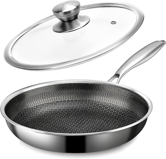 Stainless Steel Frying Pan with Lid - 11 Inch Nonstick Frying Pan with Lid, Honeycomb Stainless Steel Skillet Omelet Chef's Pan with Stay Cool Handle, Induction Compatible, PFOA Free