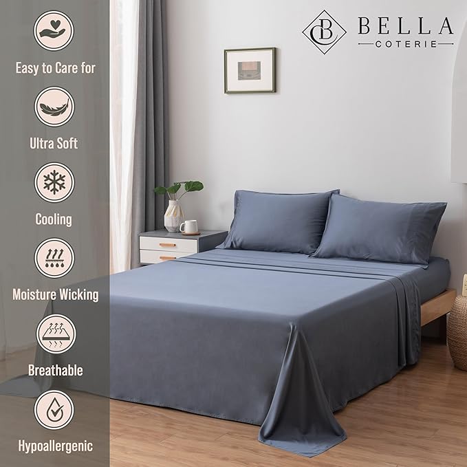 Bella Coterie Luxury Bamboo Viscose Split Top King Size Sheet Set | 100% Organically Grown | Ultra Soft | 34" Split | Cooling for Hot Sleepers | 18" Deep Pocket [Slate Blue]