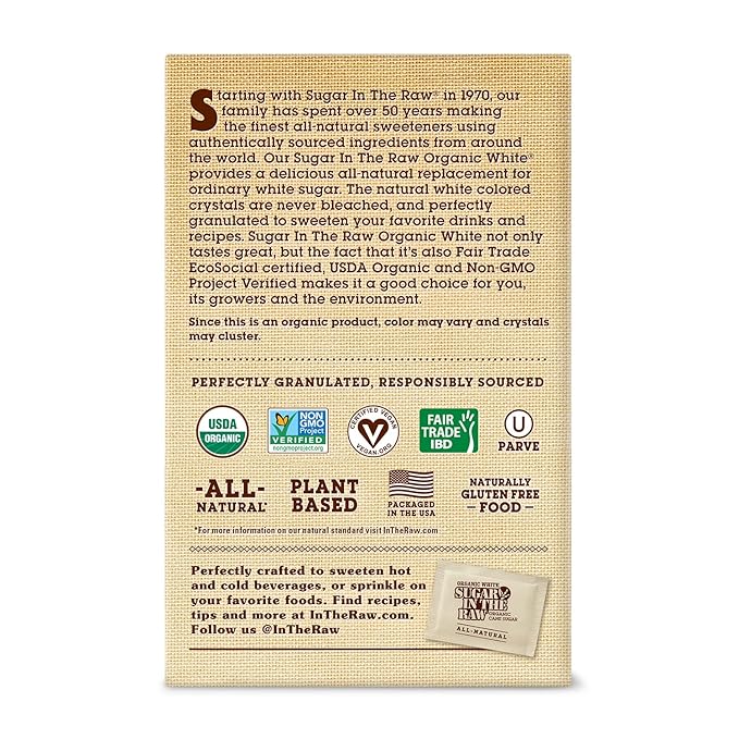Sugar In The Raw Organic Granulated White Premium Cane Sugar, No Added Flavors or erythritol, Pure Natural Sweetener, Hot & Cold Drinks, Coffee, Tea, Vegan, Gluten-Free, Non-GMO, Bulk Sugar, 250 ct packets (2-Pack)