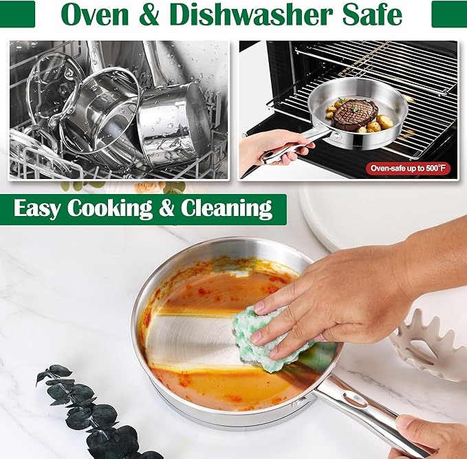 E-far 10-Piece Stainless Steel Cookware Set, Induction Pots and Pans Set with Tri-Ply Base, Non-toxic Kitchen Cooking Set w/Frying Pan, Saucepan, Saute Pan, Stockpot with Lids, Oven & Dishwasher Safe