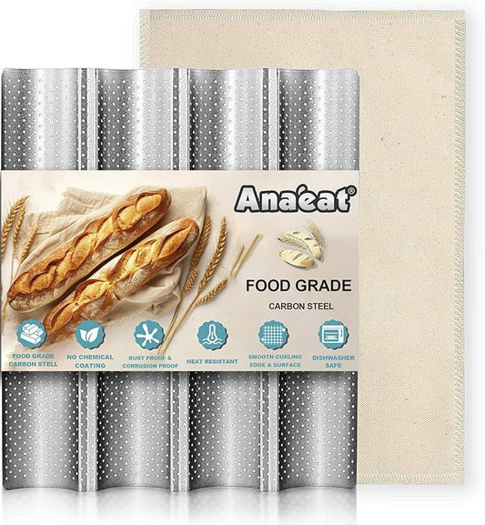 Anaeat Nonstick French Baguette Bread Pan with Thick Professional Proofing Cloth Dough Couche - Long Sourdough Bread Baking Pan Tray for Professional & Home Baker, Perforated Loaves Bake Mold Supplies
