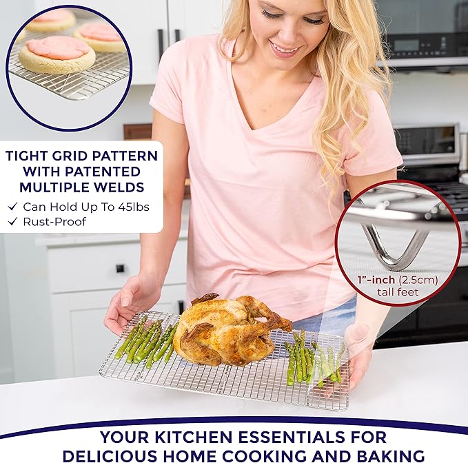 KITCHENATICS Jelly Roll Cooling Racks for Cooking and Baking, Heavy Duty Cooking Racks for Sheet Pan, Stainless Steel Wire Rack for Cooking, Cookie Cooling Rack Fits Jelly Roll Pan 15x10, Set of 2