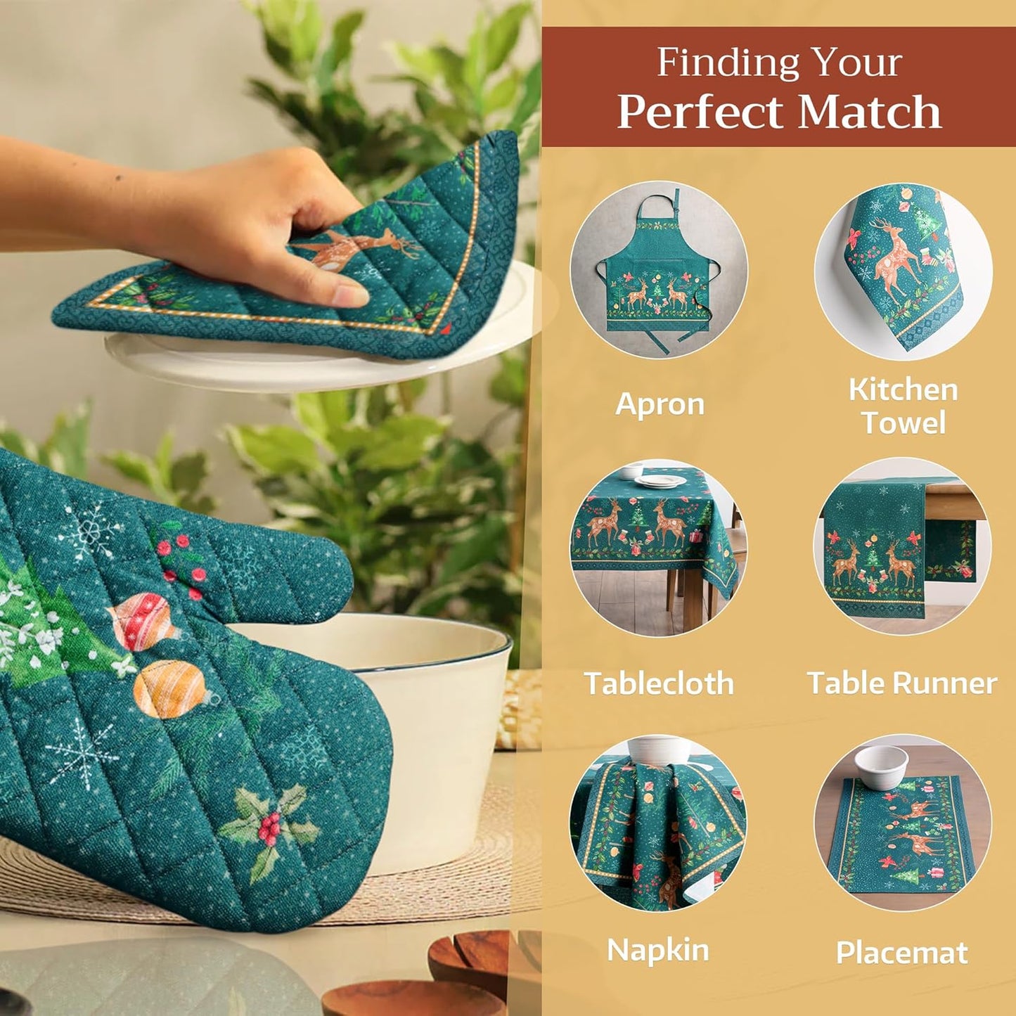 Maison d' Hermine Oven Gloves 100% Cotton Oven Mitt 7" x 13" with Loop Heat Resistant, BBQ, Cooking Gloves, Baking, Grilling, Kitchen, Handling Hot Pans (Pack of 1, Hygge Christmas)