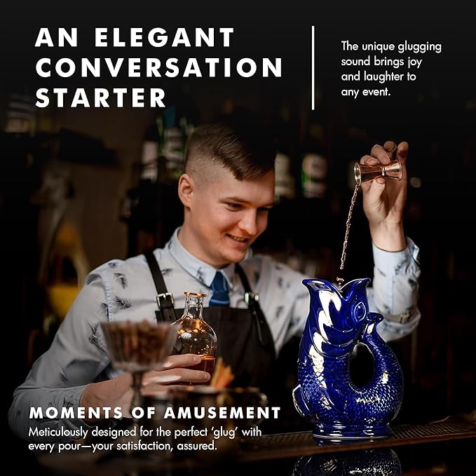 Gurgle Glug Jug The Bubble Jug® Ocean Green 50 fl oz 1.5L Litre Extra Large Pitcher - Fish Shaped Jug - Decorative Ceramic Glugging Cocktail, Water and Gin Vase and Gurgling Carafe Pot