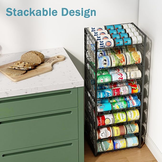 2 Pack Stackable Can Organizer for Pantry, Adjustable Can Holder Rack for Canned Food Soda Drink Goods Storage up to 60 Cans Storage, 2-Tier, Black