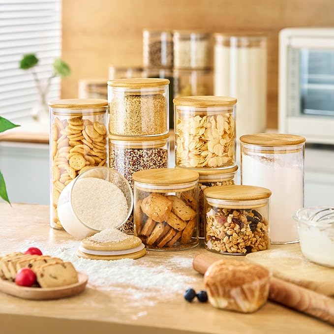 Extra Large Glass Flour and Sugar Storage Containers with Airtight lid,105 floz x1 & 48 floz x1 [Set of 2] Big Glass Jars with Bamboo Lids, Air Tight Food Jar for Cereal, Pasta, Rice, Coffee