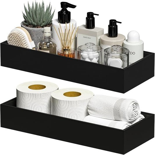 Kitchen Drawer Organizer Bins, Stackable Bamboo Drawer Organizer for Silverware, 2 Pcs Toilet Paper Basket Holder, Wood Bathroom Tray Countertop, Toilet Tank Tray Black 15" x 6" x 2.5"