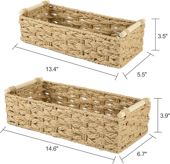 OIAHOMY Toilet Paper Baskets Handmade Paper Rope Decorative Wicker Storage Tank Shelf Cabinet Organizer for Bathroom Home, Set of 2, Yellow