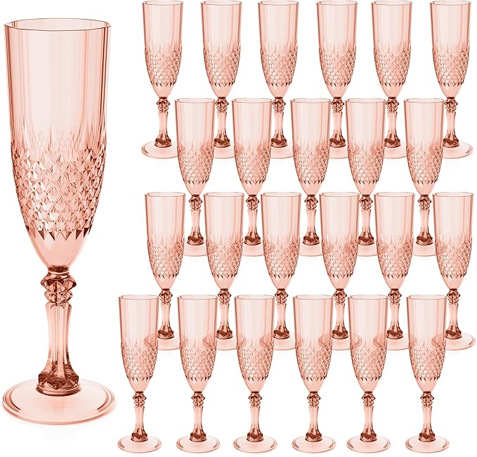 Plastic Champagne Flutes, 24PCS Rose Gold Plastic Wine Glasses Goblets Reusable Champagne Flute for Weddings, Bachelor Parties, Toasting, and Events(24,Rose Gold)