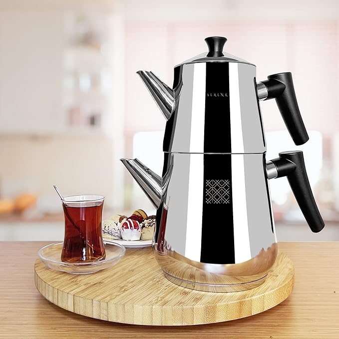 Serenk Stainless Steel Turkish Teapot Set, Double Kettle Set with Non-Slip Bakelite Handles, 101 Oz Black