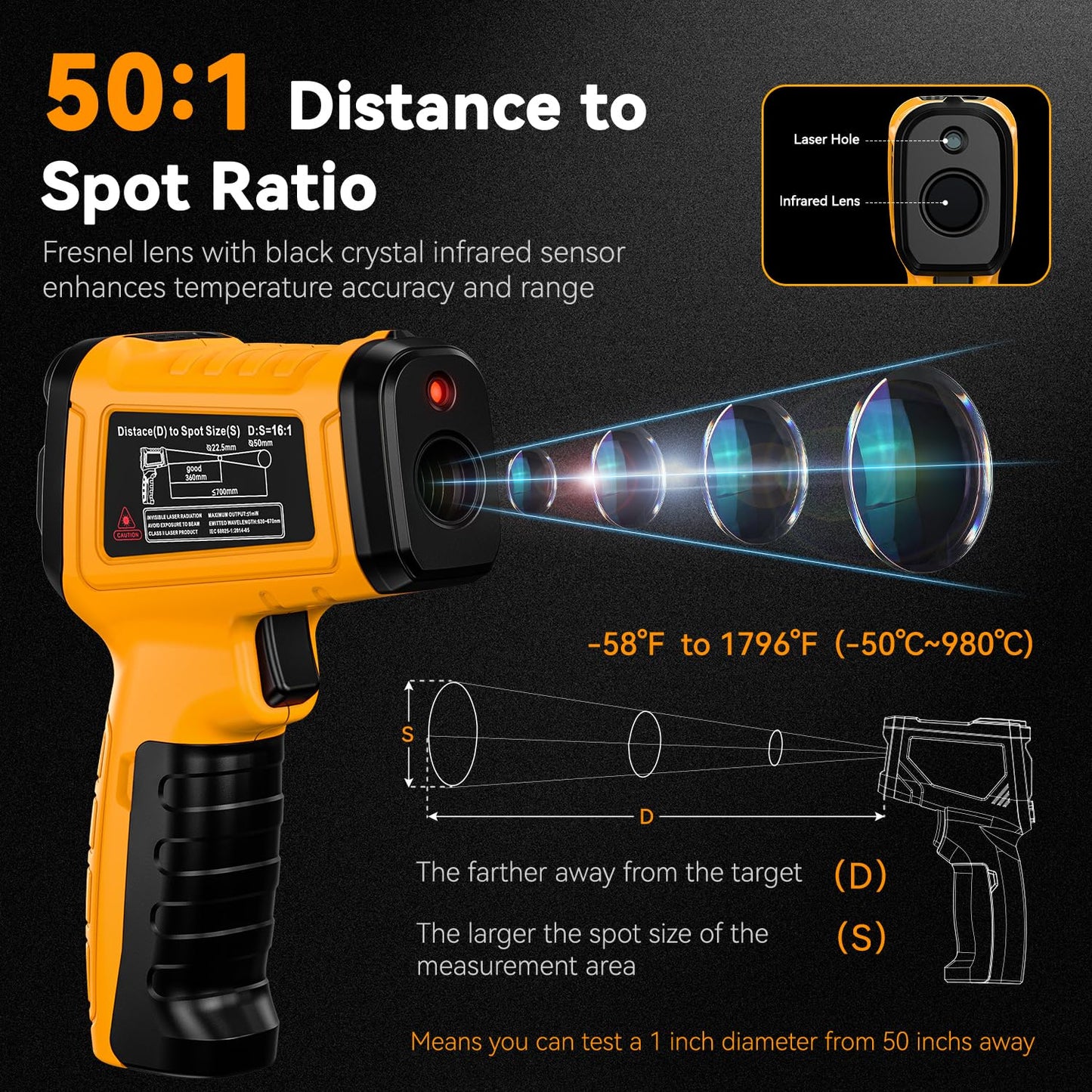 50:1 Infrared Thermometer IR Laser Gun, -58°F to 1796°F, Digital Temperature Gun/K-Type Probe -4°F to 932°F & Humidity Sensor for Cooking, Pizza Oven BBQ HVAC Home-Industrial Use