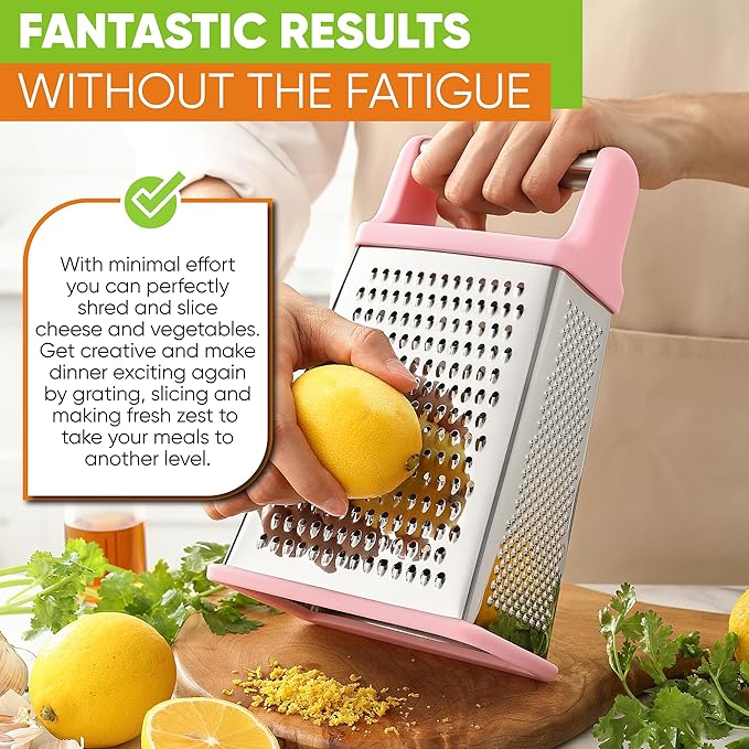 Spring Chef Professional Stainless Steel XL Parmesan Cheese Grater with Handle - 4 Sided Box Grater for Kitchen - Dishwasher Safe Carrot Shredder for Potato, Vegetables, Ginger - Pink Lemonade