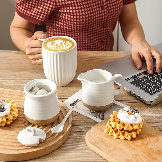 Hasense Ceramic Sugar and Creamer Set, Sugar Bowl with Lid and Spoon, Cream Pitcher, Cute Coffee Serving Set for Wedding Gift and Home Decor, Dishwasher Safe, White