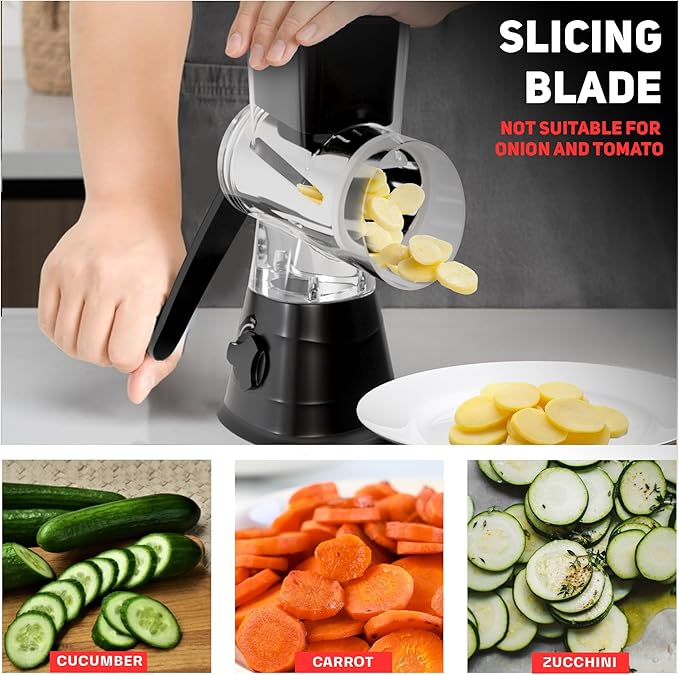 Rotary Cheese Grater Hand Crank - Counter Top 3 Blade Manual Cheese Shredder with Reinforced Suction, 3 Interchangeable Drums, Easy to Use Vegetable Chopper, Round Mandoline Slicer, Black