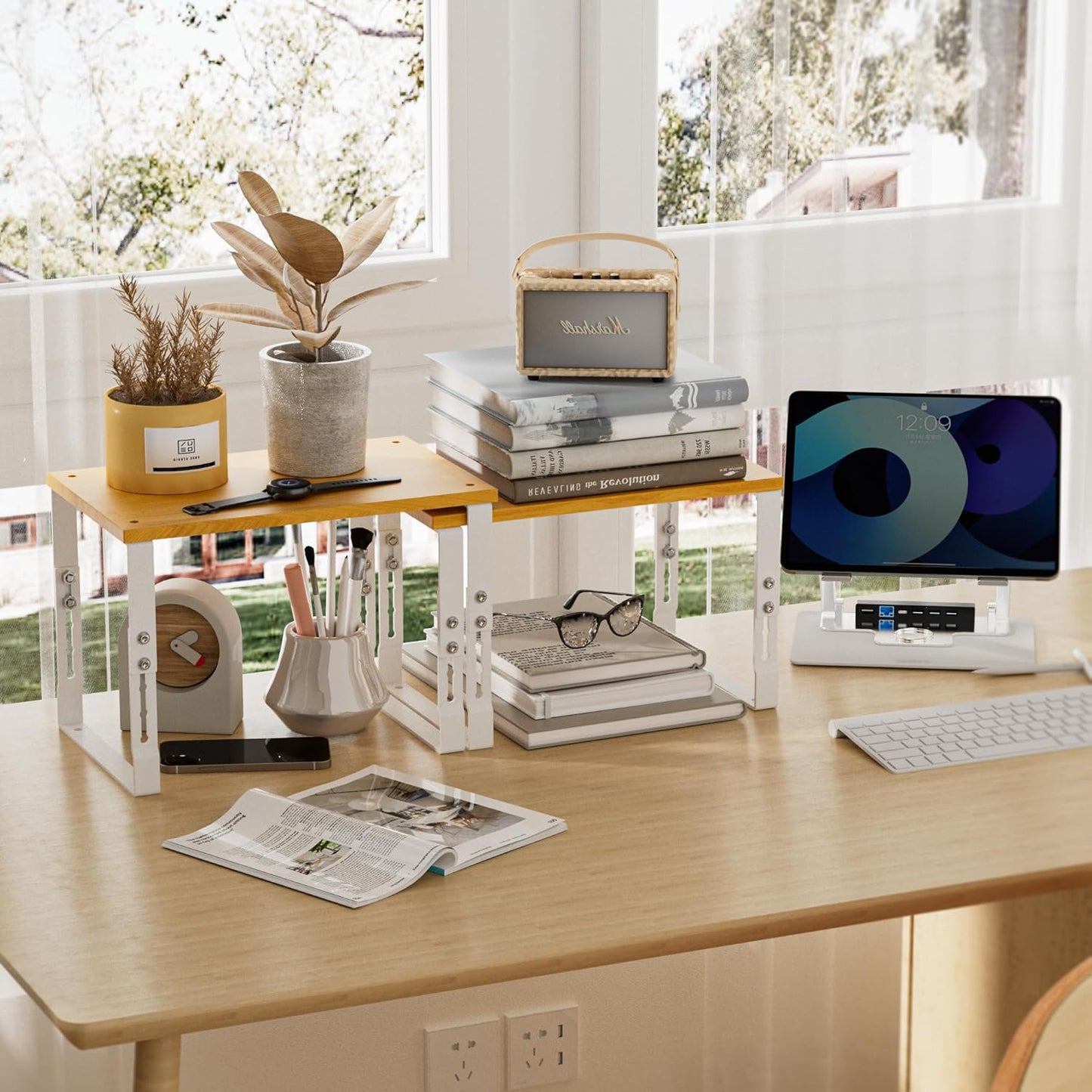 Expandable Kitchen Cabinet Organizer Shelves – Stackable Adjustable Metal and Wood Storage Racks for Countertop, Pantry, Garage Set of 2 Spice Rack – Easy Assembly, Space-Saving(1 Pack/Large/White)