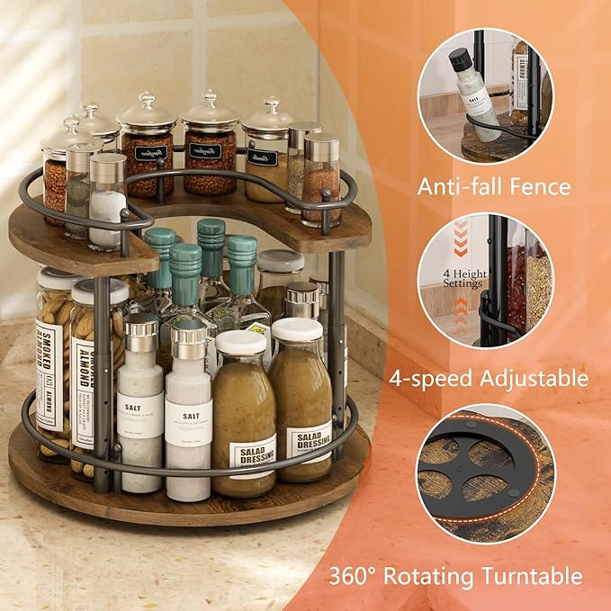 2 Tier Lazy Susan Organizer,2-Tier Spinning Spice Rack with Stable Carousel Base & 4 Height Settings for Cupboard Kitchen Countertop Dining Table Cupboard (Round)