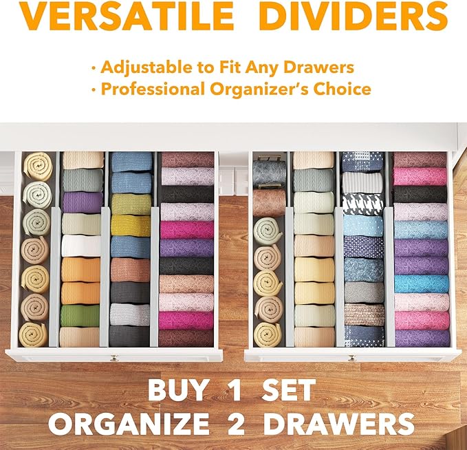 SpaceAid Bamboo Dresser Drawer Dividers 6 Pack, 4.65“ High Adjustable 12.5“-17” Drawer Organizers, Expandable Organization for Clothing, Clothes, Dressers, Gray
