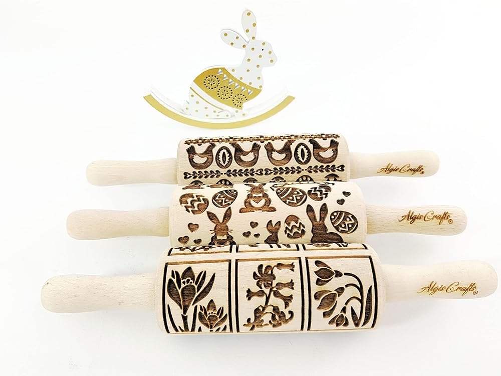 EASTER 3 Mini Embossed Rolling Pin Set. Wooden Laser Cut Embossing Rolling Pins for Embossed Cookies. Easter, Rabbit, Egg, Chicken, Spring, Flowers from Algis Crafts