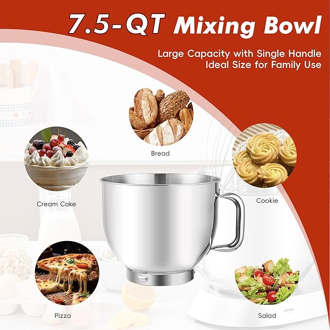 Kitchen in the box Stand Mixer, 900W 7.5QT Kitchen Electric Mixer, 6-Speed Tilt-Head Food Mixer for Baking with Dough Hook,Wire Whip,Beater (Red)