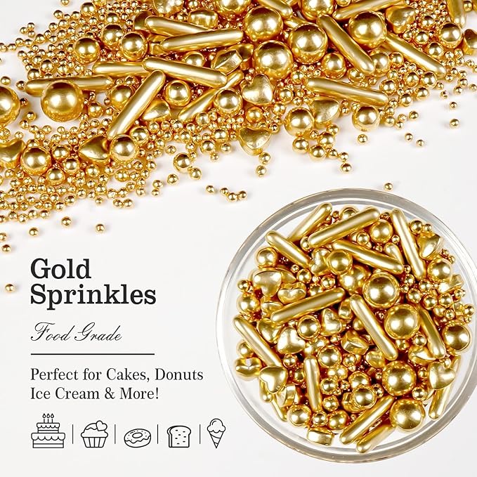 Gold Pearl Heart Sprinkles, Pearls Sprinkles For Cake Decorating, 150g/5.29oz Mix Size Sugar, Donuts, Cakes, Ice Cream, Mother's Day, Valentine's Day, Wedding Party, Christmas Supplies
