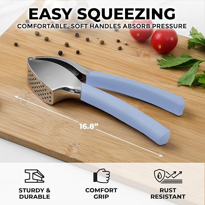 Zulay Kitchen Comfort Grip Garlic Press - Garlic Mincer Tool - Garlic Crusher - Garlic Press Mincer Rust Proof, with Soft Ergonomic Handle, Easy Clean Set with Peeler and Brush - Baby Blue
