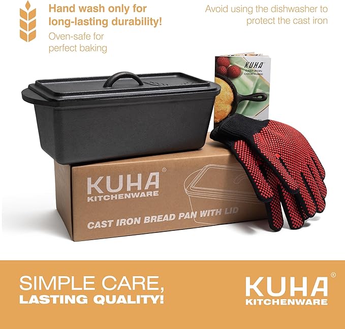 KUHA Cast Iron Bread Loaf Pan with Lid + Heat Resistant Gloves - Pre-Seasoned Cast Iron Bread Pan with Handles - Oven-safe bread pans for homemade bread - Ideal Loaf Pans for Campfire or Home Kitchen