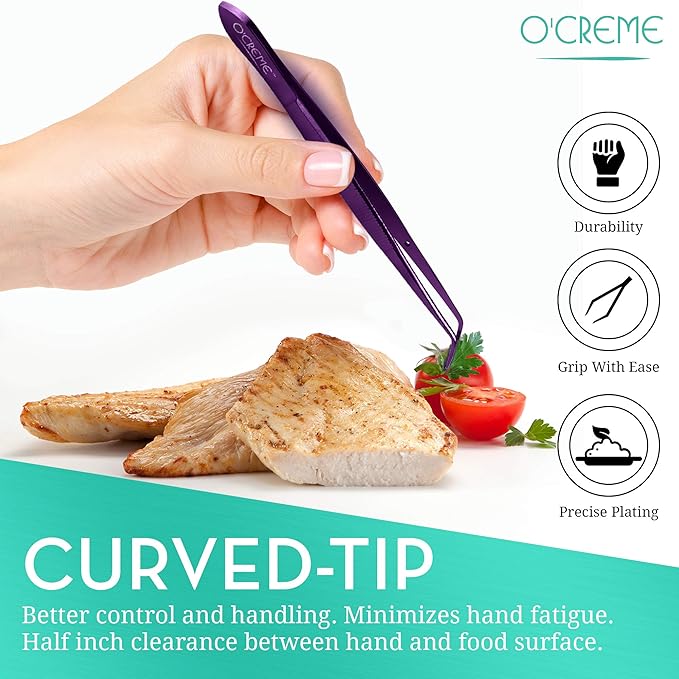O'Creme Purple Stainless Steel Precision Kitchen Culinary Fine-Tip Tweezer Tongs, 1 Curved and 1 Straight