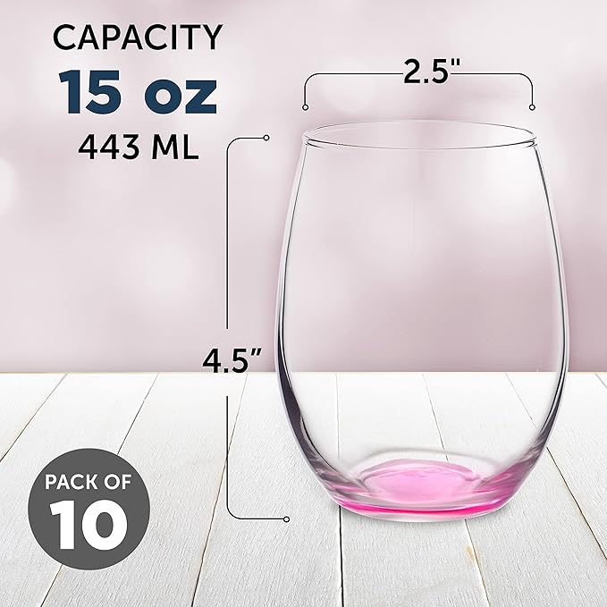 DISCOUNT PROMOS Stemless Wine Glasses in Bulk by ARC Perfection, 15 oz, 10 pack, Red or White Wine Glass Set, Pink