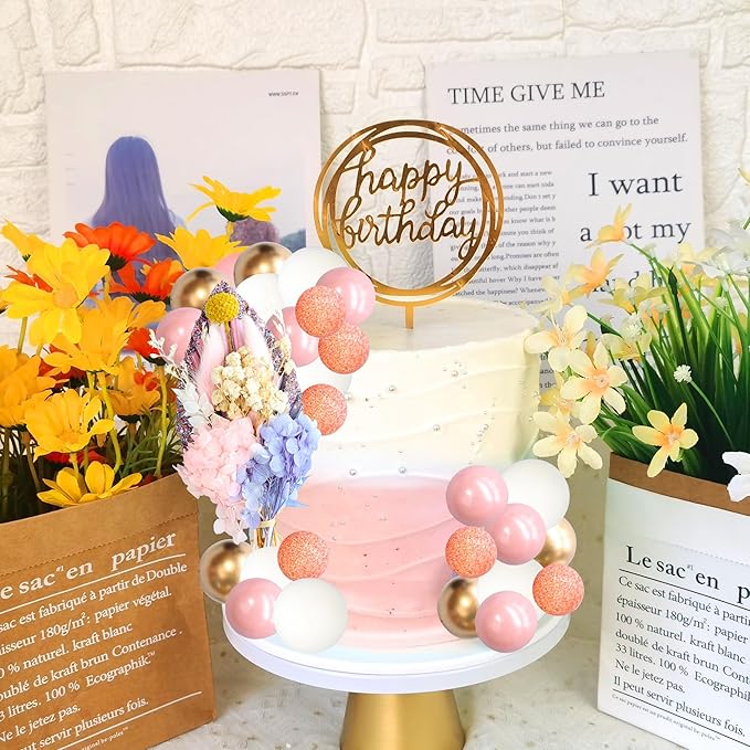 Gyufise 21 Pack Flower Boho Cake Topper Ball Cake Decorations Palm Leaves Plants Cake Decor for Girl Bohemian Princess Theme Wedding Baby Shower Birthday Party Supplies Pink