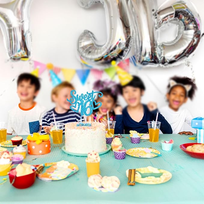 Gyufise 1Pc Sweet Teenager 16 Cake Topper Glitter 16th Birthday Cake Pick for Cheers to 16 Years Old 16th Birthday Party Cake Decorations Supplies Light Blue