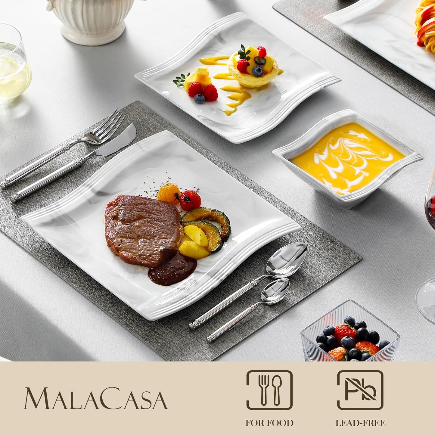 MALACASA Square Dinnerware Sets, 26-Piece Marble Grey Plates and Bowls Sets, Porcelain Dinner Set Microwave Safe, Kitchen Dinnerware Plates Set, Dishes and Bowls, Dish Set for 6, Series Flora