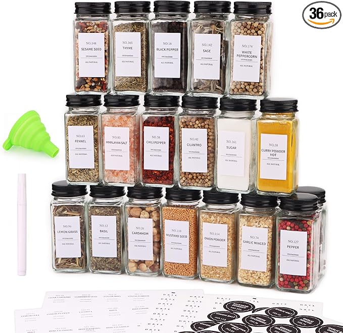 Spice Jars - 36 pieces, labeled spice jars with black metal lids, empty glass spice jar set, spice storage containers, kitchen set, ideal for organizing and storing food in the pantry.