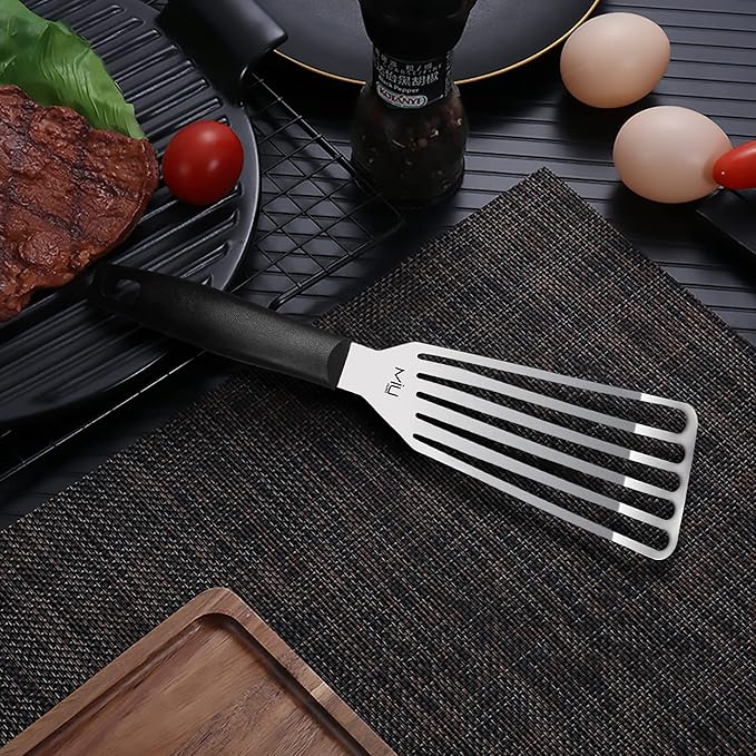MIU Fish Spatula Stainless Steel, Slotted Flexible Metal, Lightweight Barbecue Turner, 6.5 inch Blade, Plastic Handle with Hole, Grilling Utensils