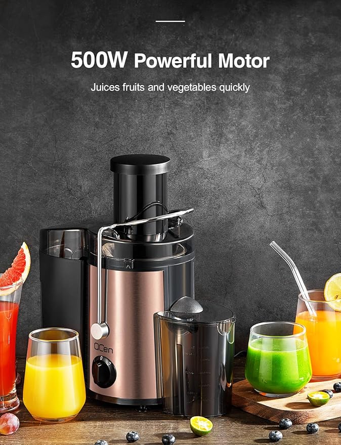 QCen Juicer Machine, 500W Centrifugal Juicer Extractor with Wide Mouth 3” Feed Chute for Fruit Vegetable, Easy to Clean, Stainless Steel, BPA-free (Rose Gold)