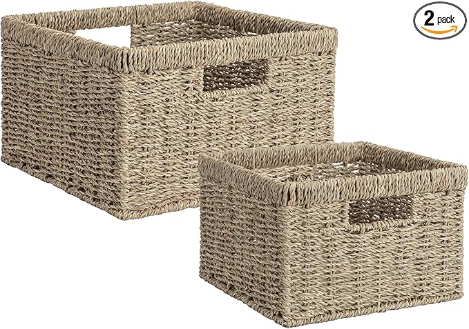 StorageWorks Wicker Storage Baskets, Handwoven Seagrass Basket for Organizing, Decorative Wicker Baskets with Built-in Handles, Set of 2