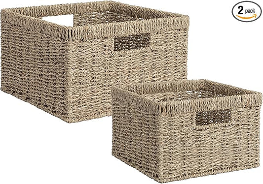 StorageWorks Wicker Storage Baskets, Handwoven Seagrass Basket for Organizing, Decorative Wicker Baskets with Built-in Handles, Set of 2